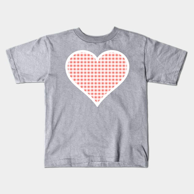 Coral and White Gingham Heart Kids T-Shirt by bumblefuzzies